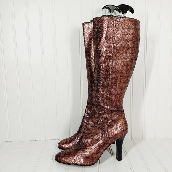 Parallel Brown Metallic Reptilian Print Side Zip Elastic Calf Heeled Boots H476 - Picture 1 of 13